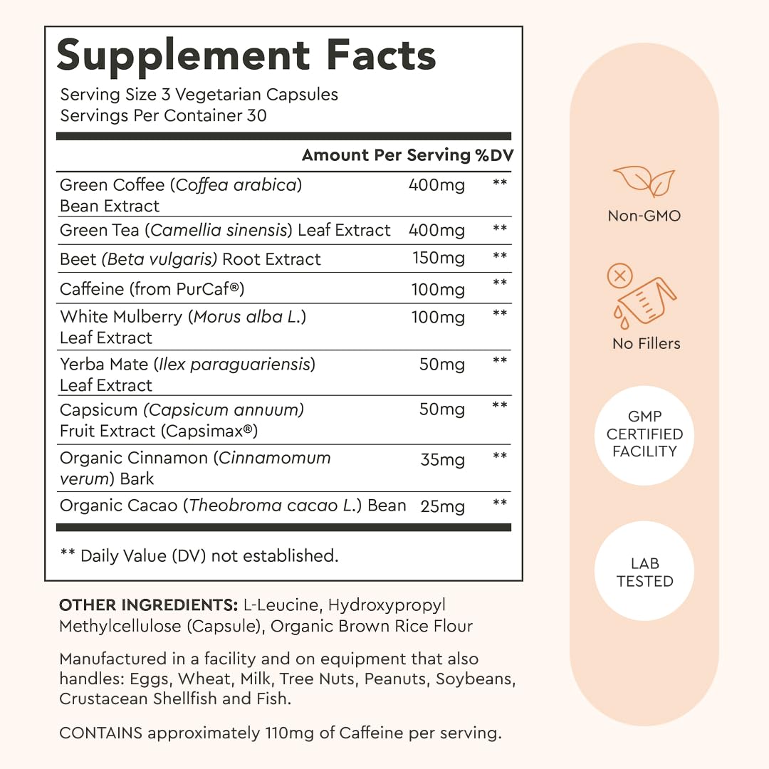 Alaya Naturals Metabolism+ Natural Energy with Green Tea, Cinnamon, Beet Root, Caffeine, Non-GMO, 90 Capsules