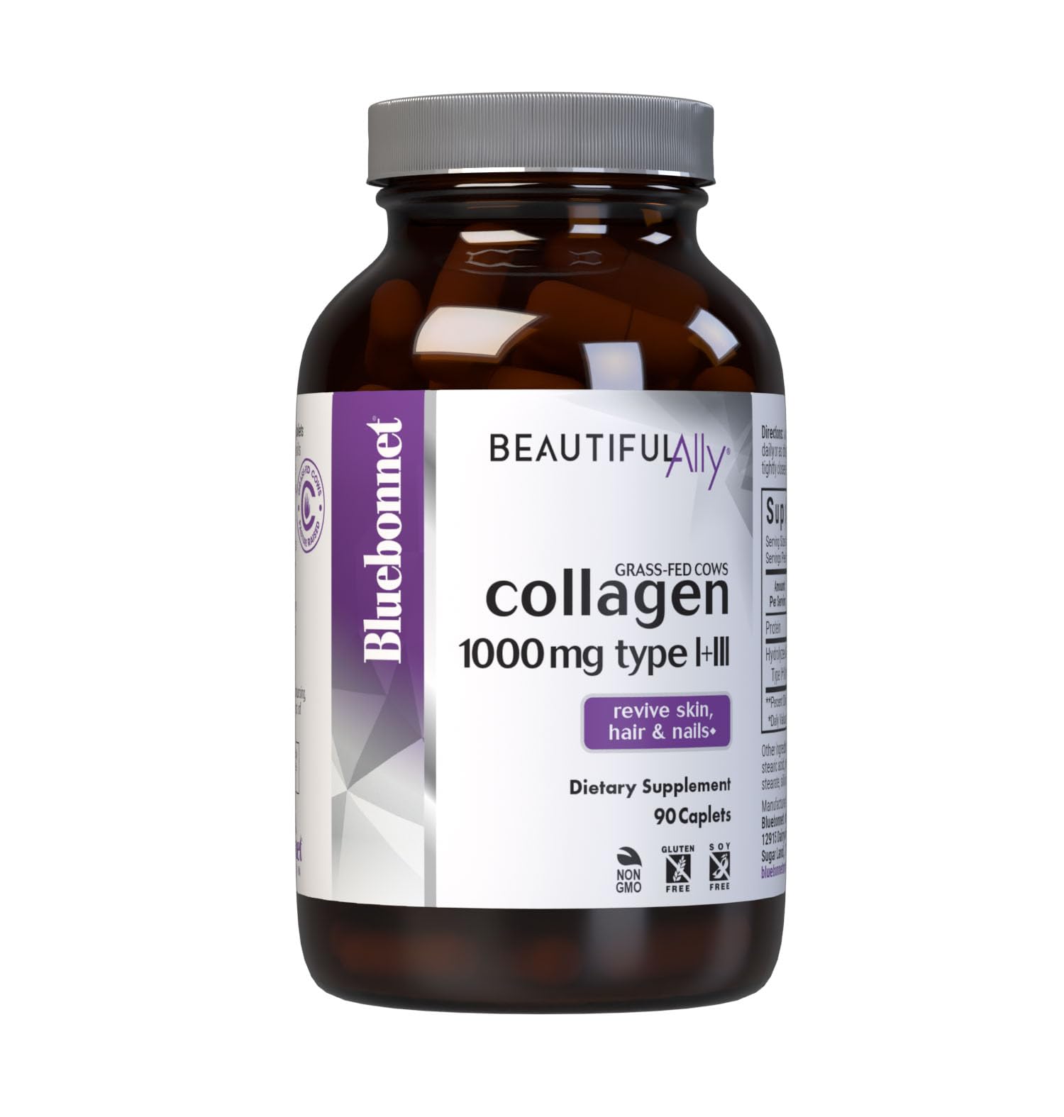 BlueBonnet Beautiful Ally Collagen Caplets, Hydrolyzed Collagen from Grass-Fed Cows, Collagen Peptides Type 1 & 3, Non-GMO, 90 Caplets