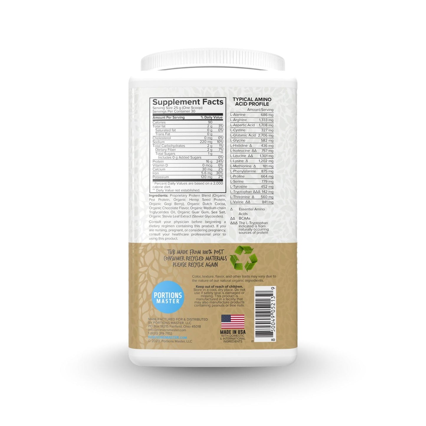 Portions Master Vegan Protein Blend, Pea Hemp Goji + MCT Protein Powder, Chocolate, 26.4 oz