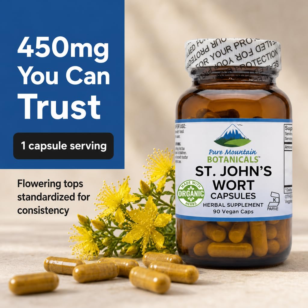 Pure Mountain Botanicals St. John's Wort Capsules 450mg Organic Herb and Extract Standardized to 3% Hypericin 90 Count
