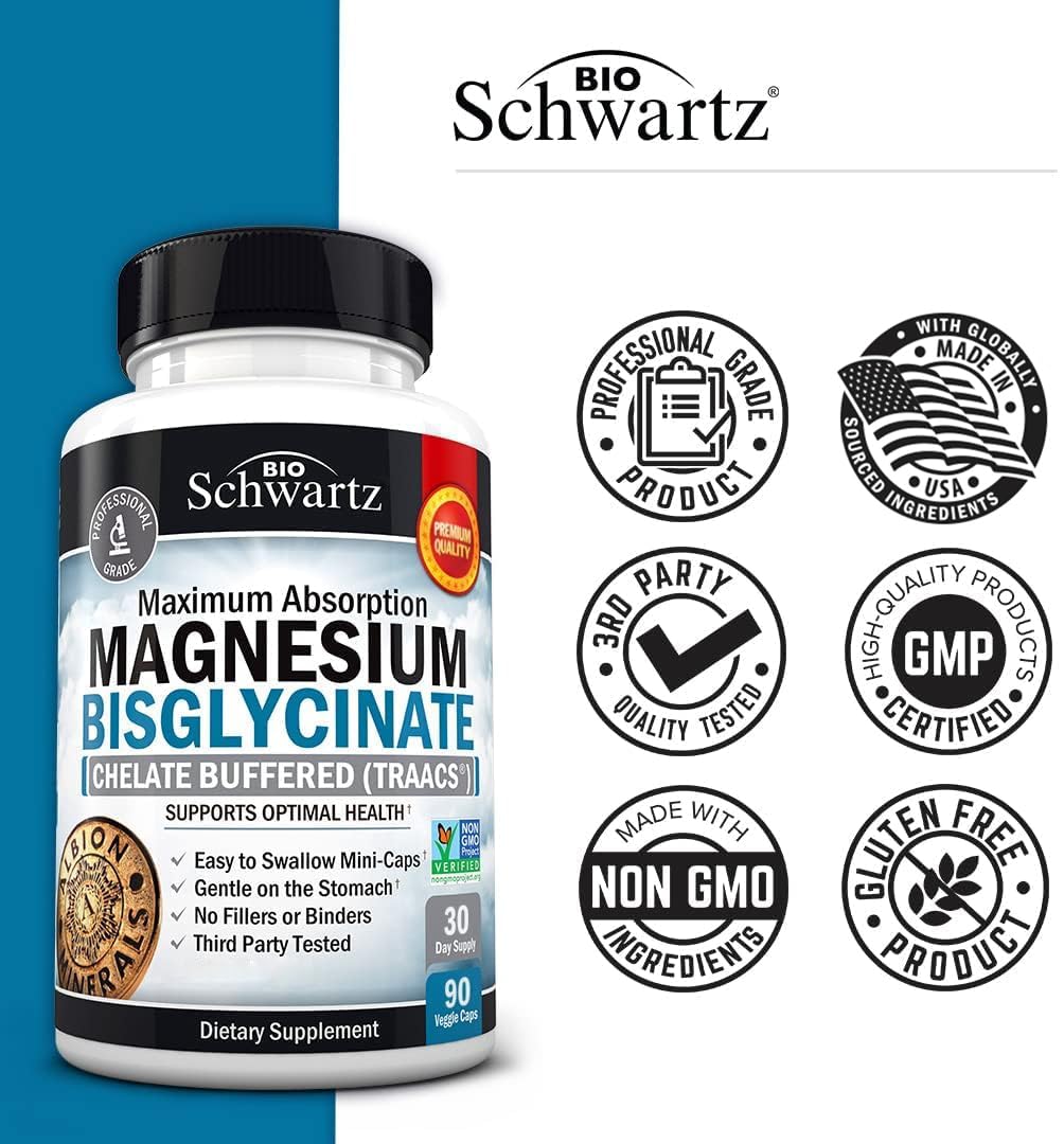 BioSchwartz Magnesium Bisglycinate 100% Chelate No-Laxative Effect Capsules, 90 Count