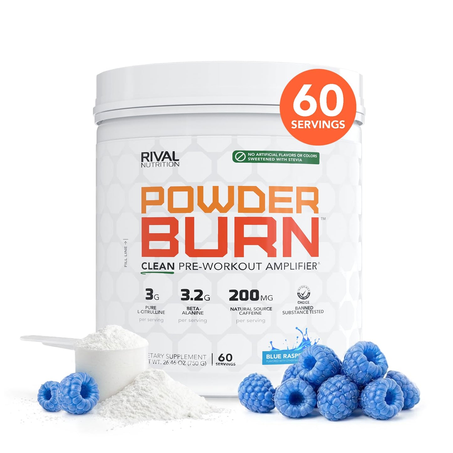 RIVAL NUTRITION Burn Pre-Workout Powder Blue Raspberry, 60 Servings