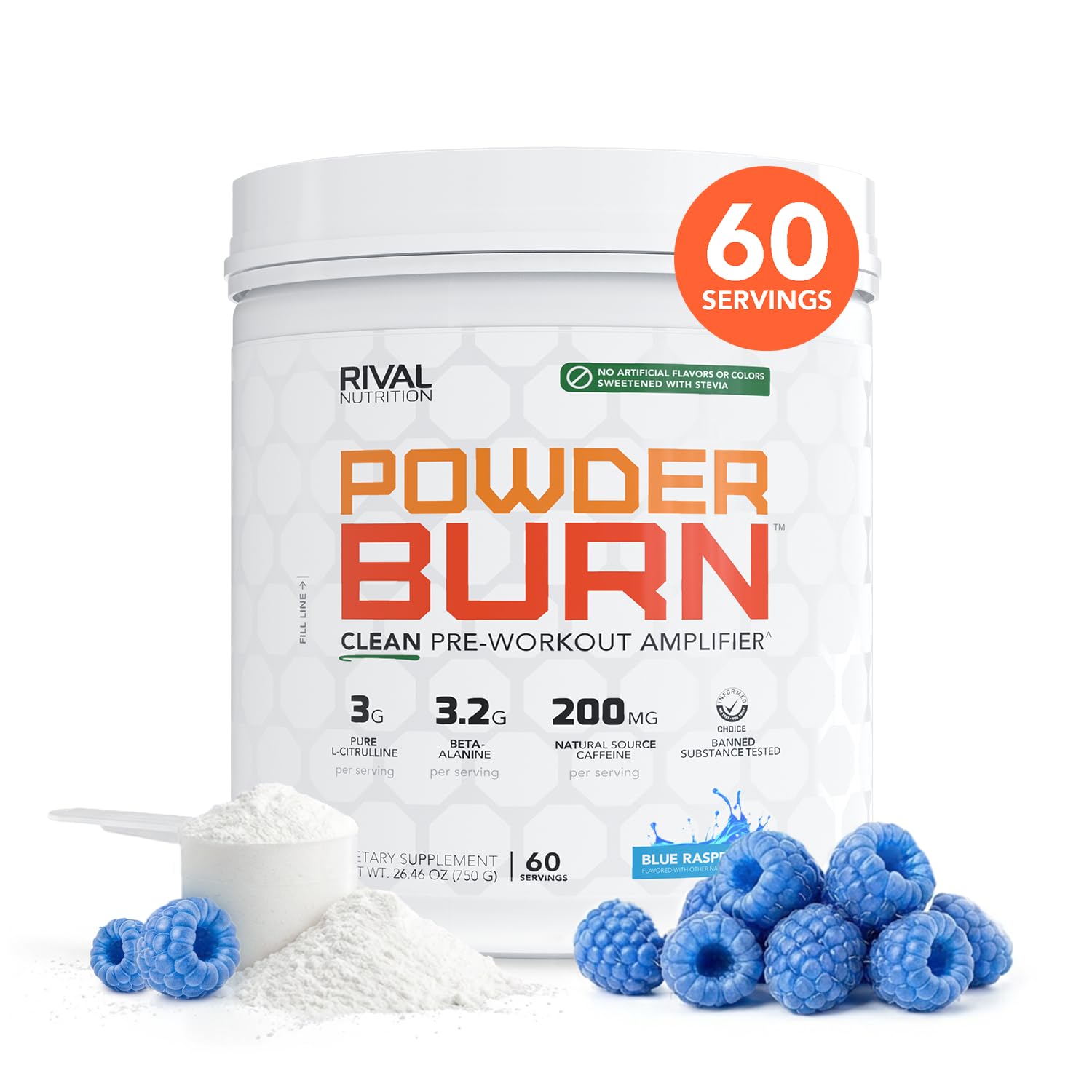 RIVAL NUTRITION Burn Pre-Workout Powder Blue Raspberry, 60 Servings