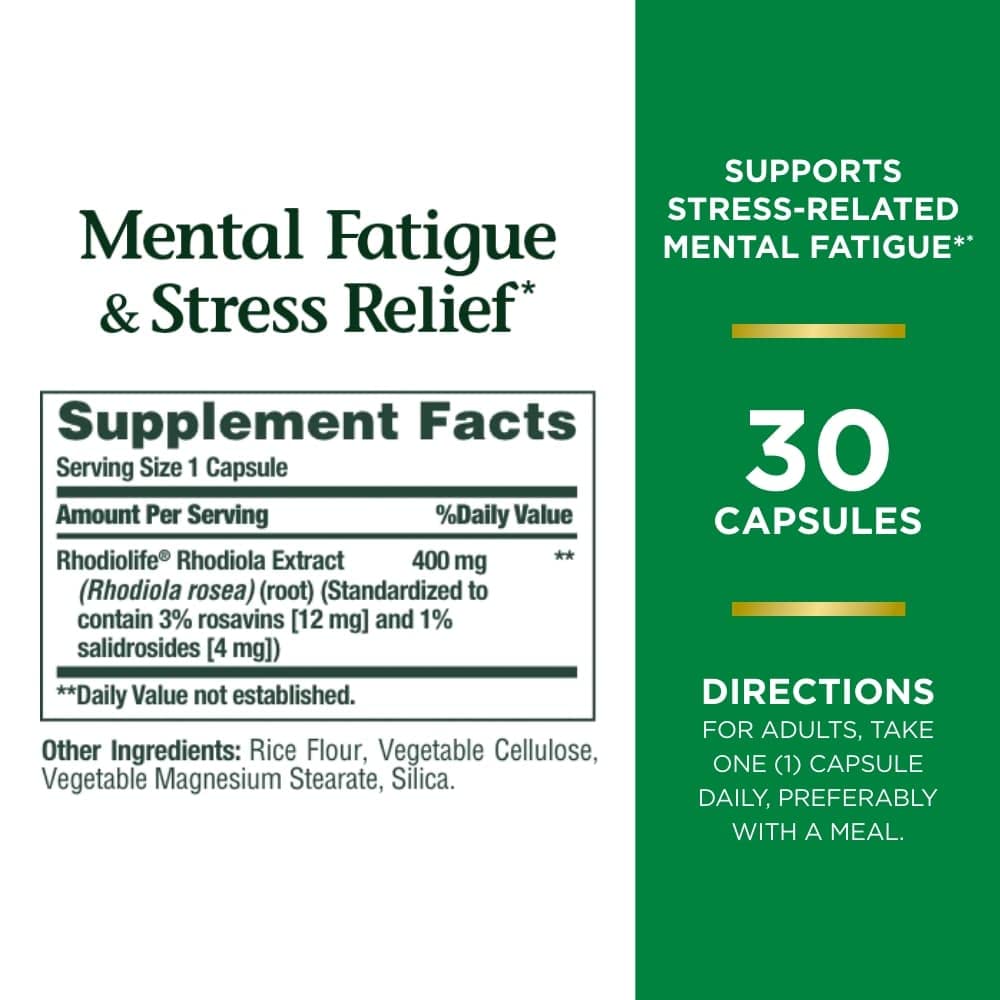 Nature's Bounty Mental Fatigue and Stress Relief Rhodiola Supplement 400 mg Capsules, 60 Count