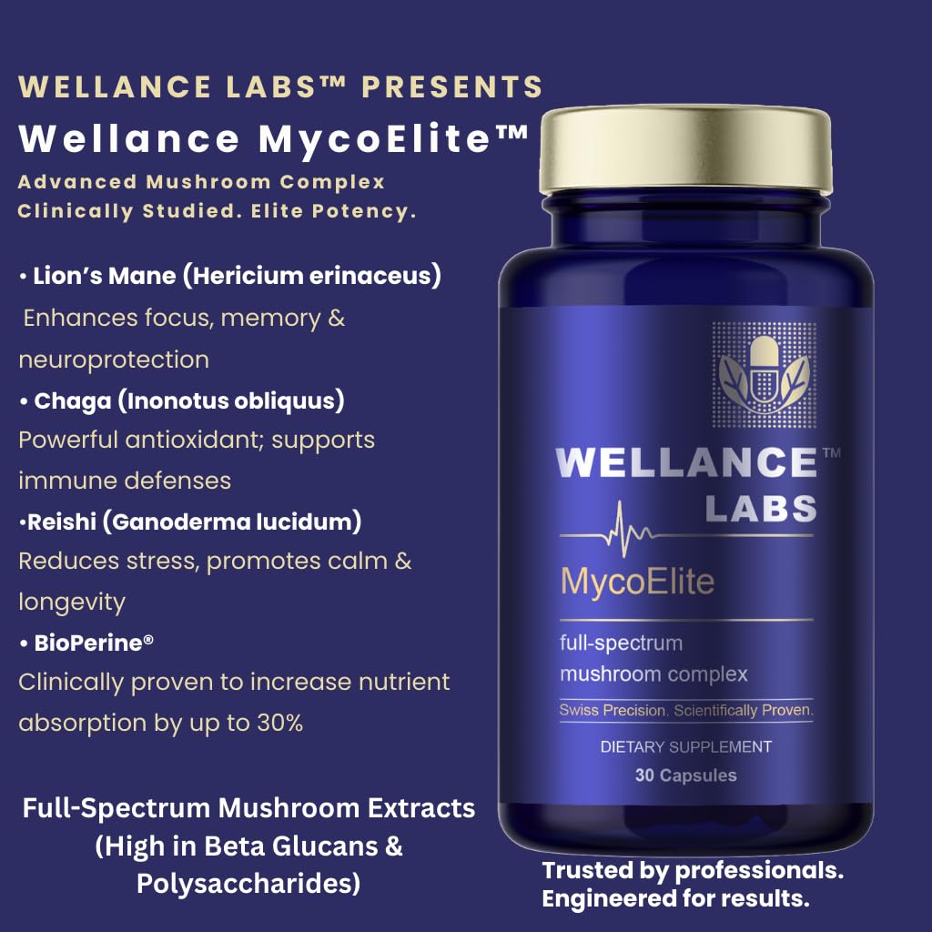Wellance Labs MycoElite Full-Spectrum Mushroom Complex Lion's Mane, Chaga, Reishi Cognitive Support Capsules, 30 Count