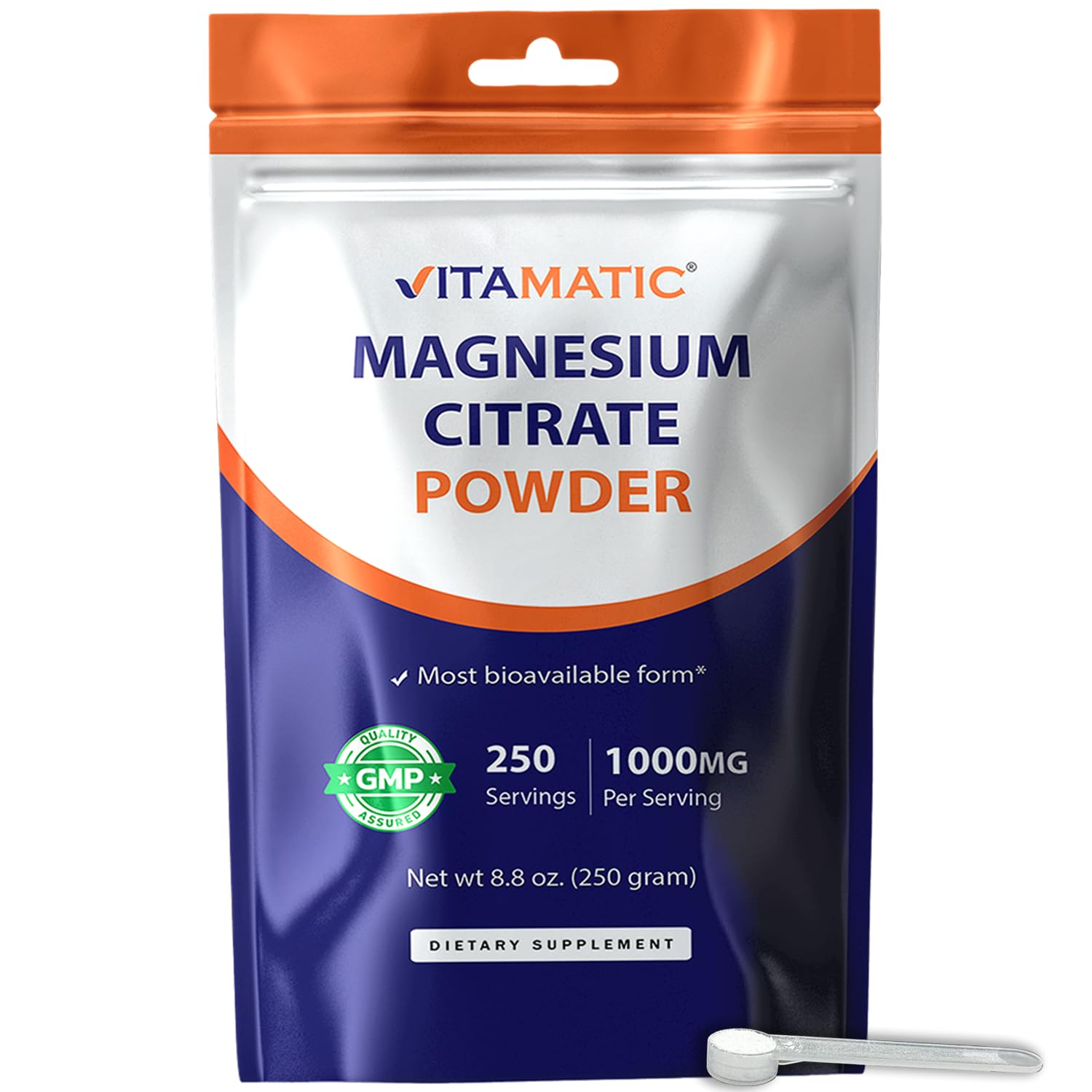 Vitamatic Magnesium Citrate 1000mg Powder, 8.8 oz, 250 Servings, Supports Muscle, Joint, and Heart Health