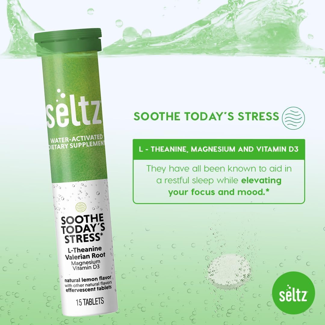 Seltz Soothe Today’s Stress – Effervescent Vitamins for Relaxation & Focus with L-Theanine, Magnesium & Vitamin D3, Lemonade Flavor, 90 Tablets