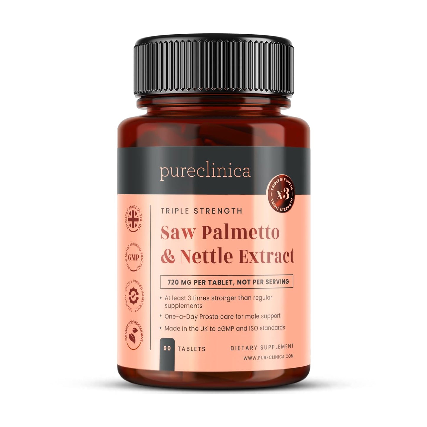 Pureclinica Triple Strength Saw Palmetto & Nettle Root Tablets, 90 Count