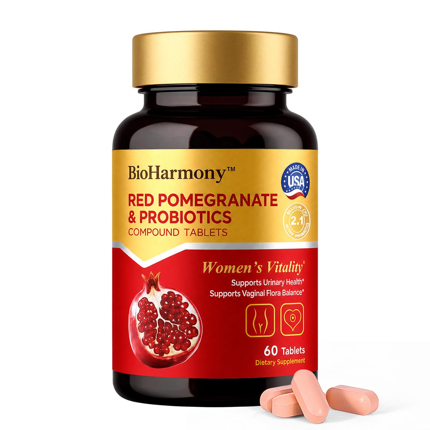 BioHarmony Women's Probiotic for pH Balance & Urinary Health – 4.2 Billion CFU with Lactobacillus crispatus & L. gasseri – Red Pomegranate 500mg – Non-GMO, Gluten-Free, 60 Tablets