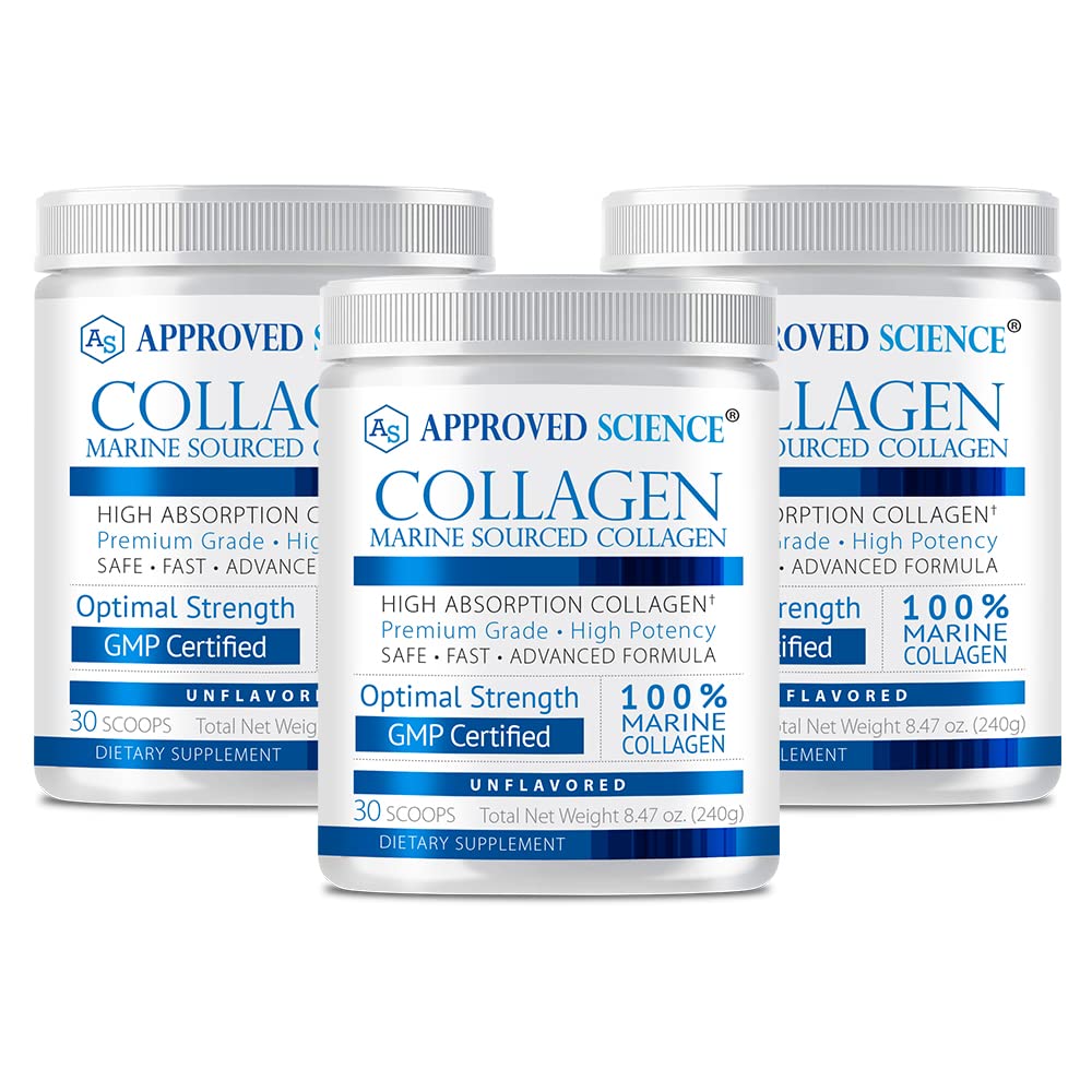Approved Science Collagen Powder - Unflavored Hydrolyzed Collagen Peptides for Women & Men - Marine Sourced - Hair, Skin, Nails & Joints, 3 x 8.47 oz