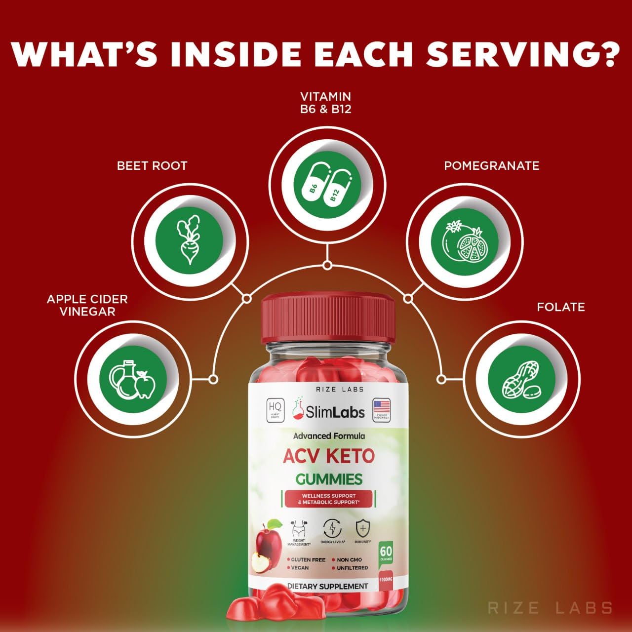 Rize Labs Slim Labs ACV Keto Gummies for Wellness and Metabolic Support - Weight Loss Gummies - Belly Fat Diet, 120 Gummies