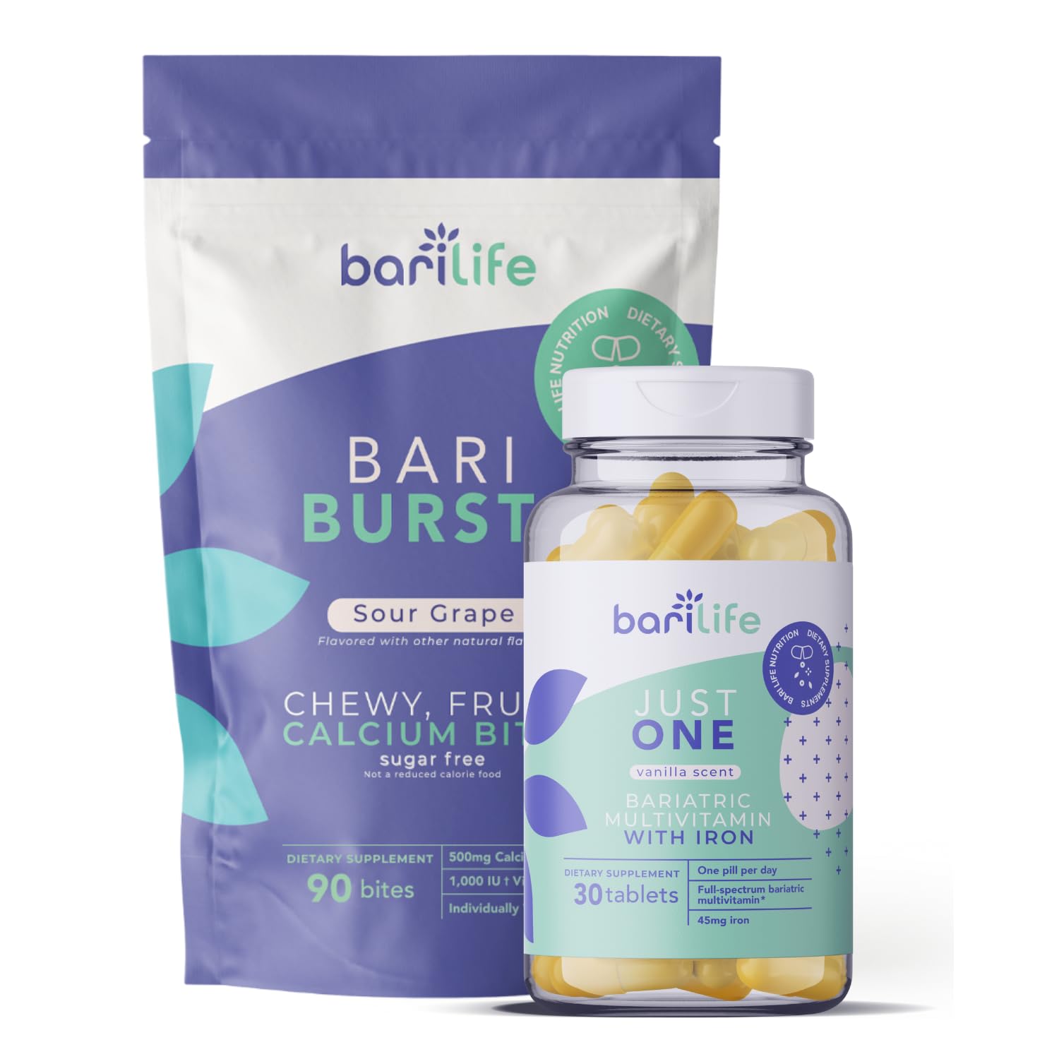 Bari Life Just One Once Daily Bariatric Multivitamin with Iron 30 Tablets and BariBurst Calcium Citrate Soft Chews Sour Grape