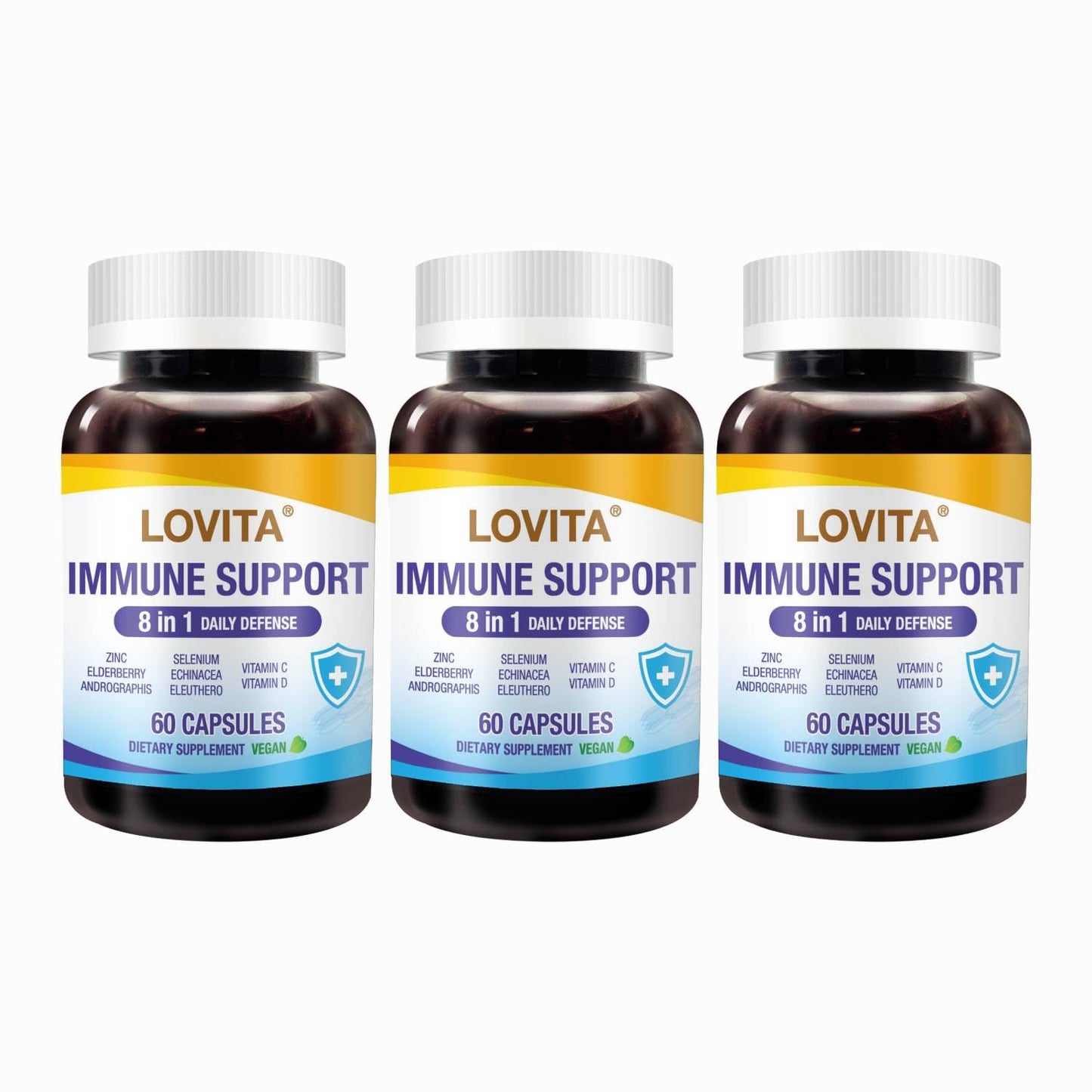 LOVITA Immune Support 8-in-1 Daily Defense, Elderberry with Zinc, Vitamin C & D, Echinacea, Selenium, Andrographis & Siberian Ginseng Extract Capsules 180