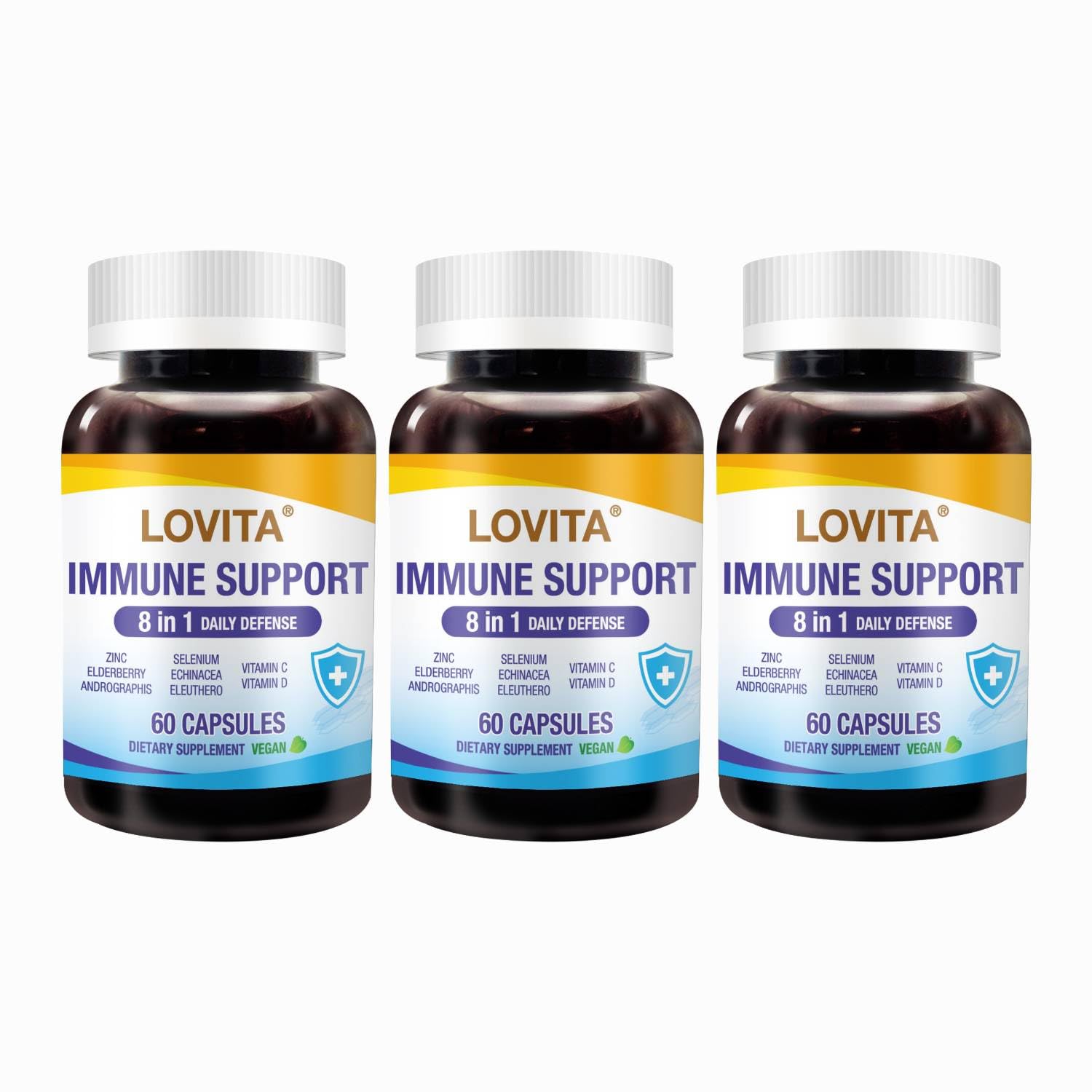 LOVITA Immune Support 8-in-1 Daily Defense, Elderberry with Zinc, Vitamin C & D, Echinacea, Selenium, Andrographis & Siberian Ginseng Extract Capsules 180