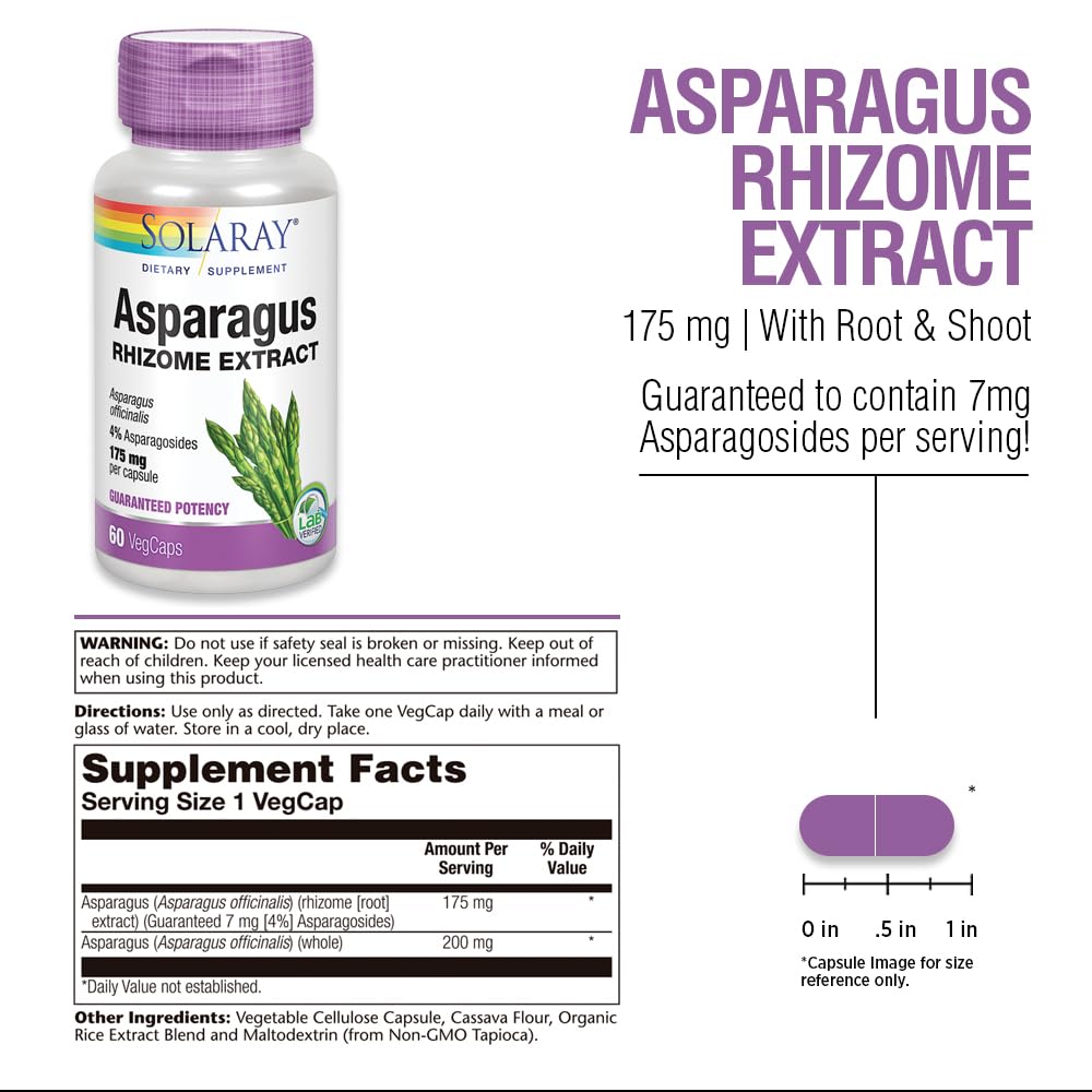 SOLARAY Asparagus 175 mg Supplement with Whole Root - Asparagus Extract Capsules for Men & Women, Urinary Tract & Digestive Health Support, Vegan Formula, 60 Capsules