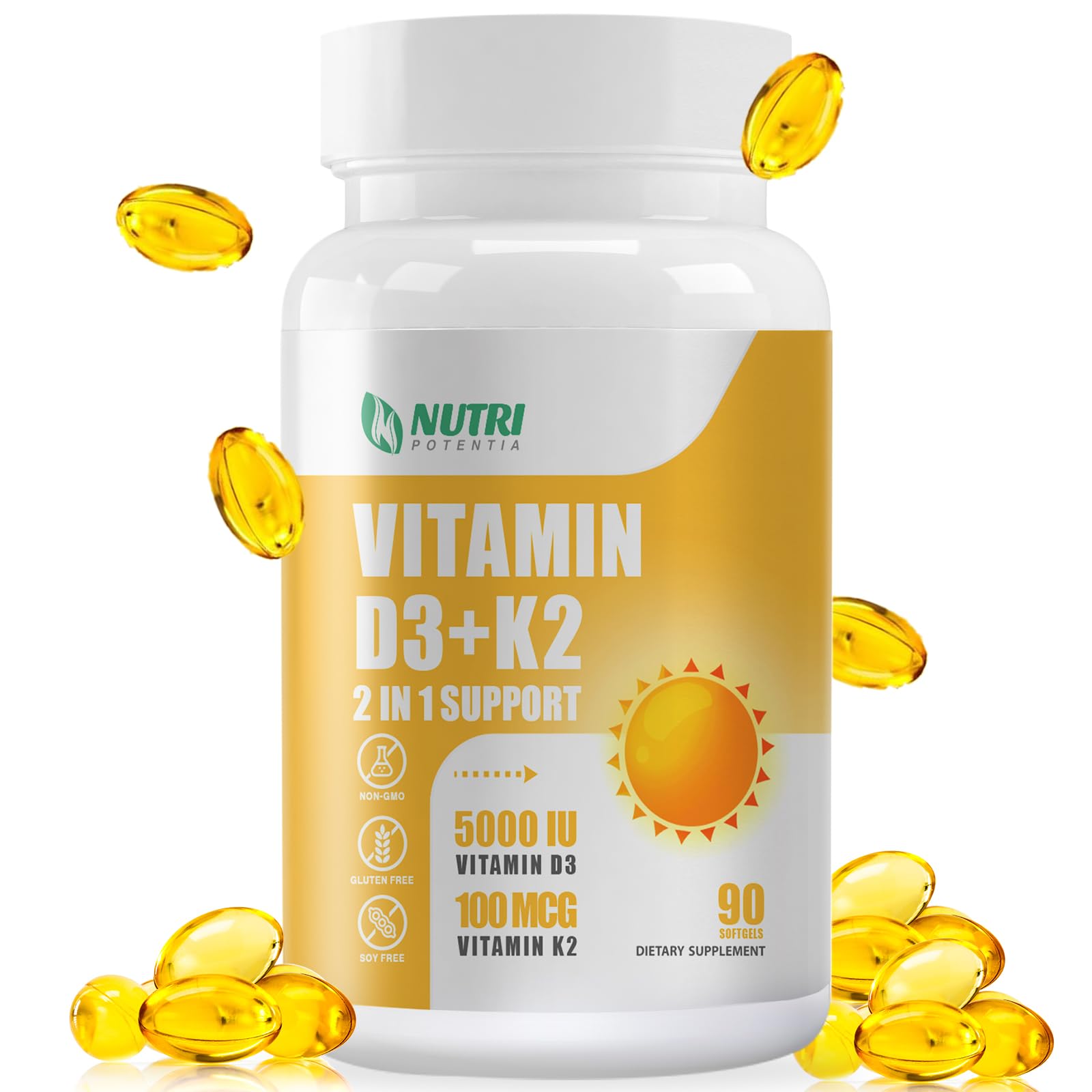 NUTRI POTENTIA Vitamin D3 K2 Supplement with MCT Oil Softgel 90 Count