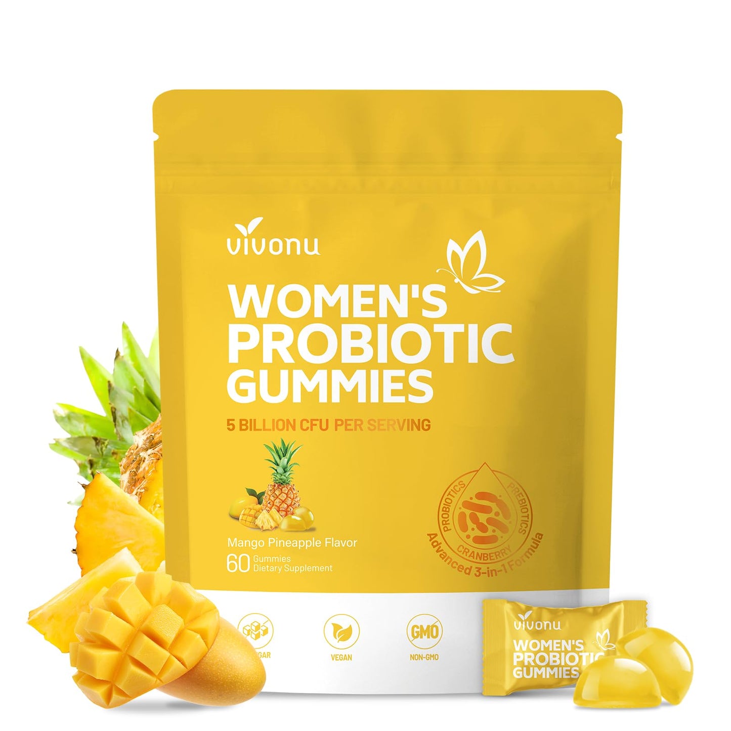 VivoNu Pineapple Probiotic Gummies for Women, Feminine Balance & Vaginal Health, pH Balance Support, 60 Gummies