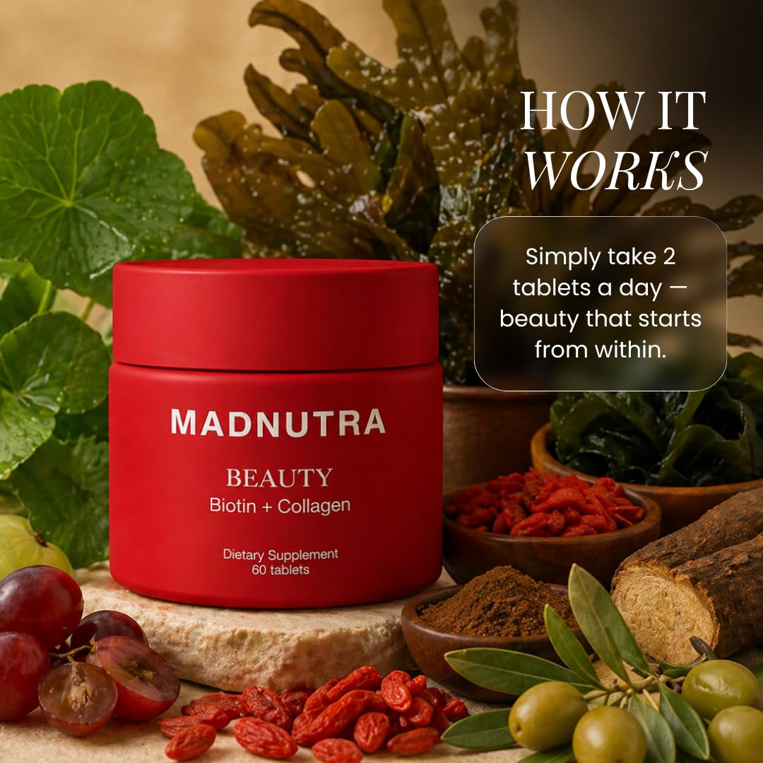MadNutra Hair Skin Nails Vitamins - Biotin + Collagen Supplement, Vitamin C&E Complex for Healthy Hair Growth, Strong Nails & Glowing Skin - Premium Beauty Support Supplement for Women & Men, 60 Capsules