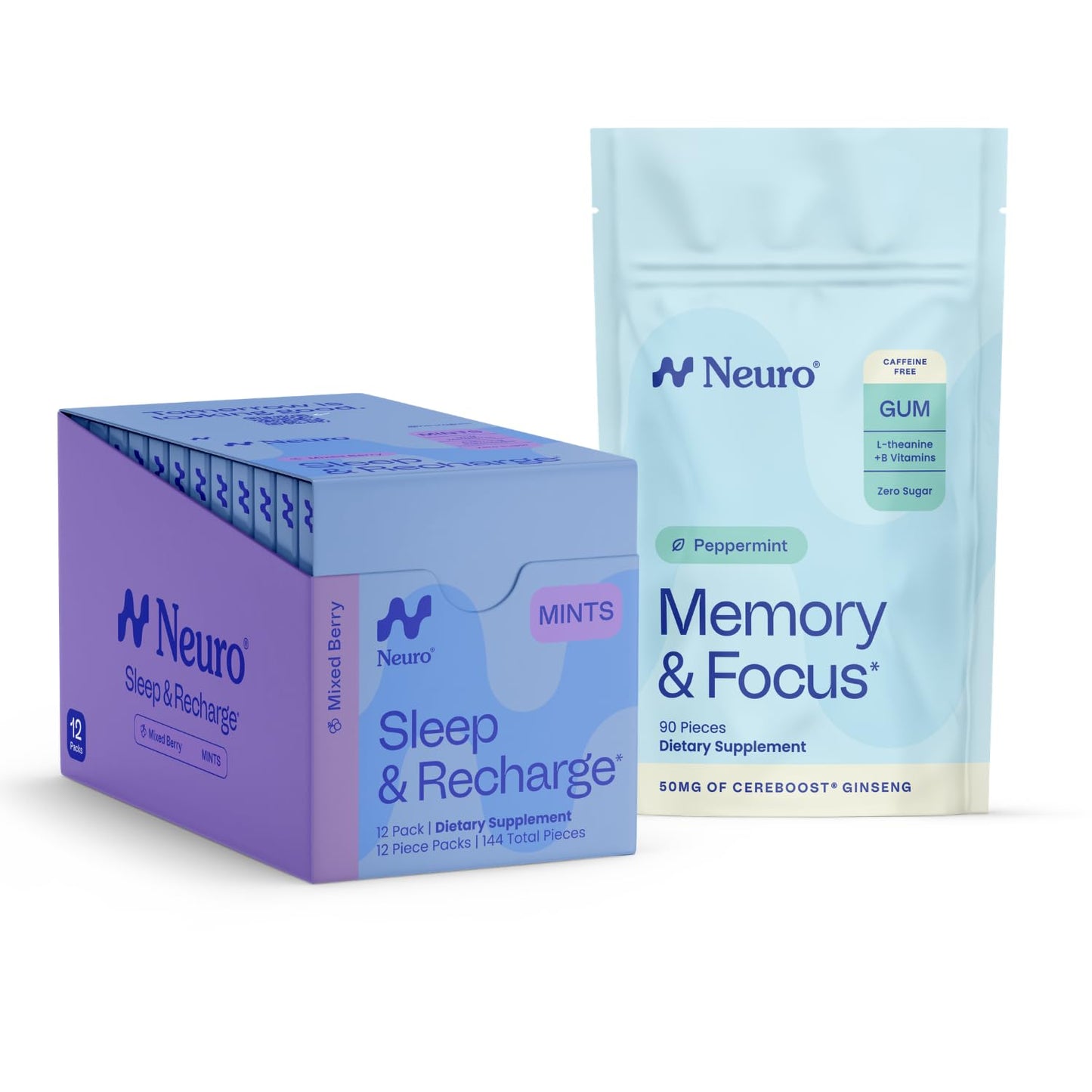 Neuro Memory & Focus + Sleep & Recharge Set Memory & Focus Gum & Melatonin Sleep Mints, 102 Pieces