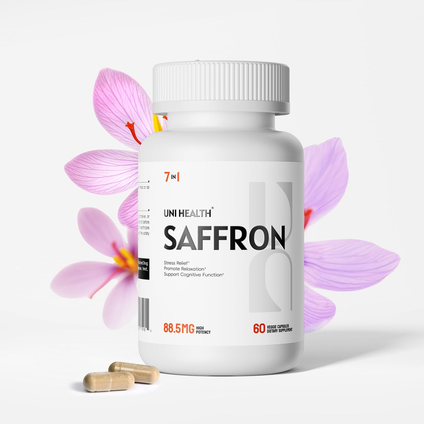 UniHealth Saffron Supplements – 88.5mg Saffron Extract with Ashwagandha, Made in USA 7-in-1 Herbal Supplement – Mood, Focus, Sleep, Weight, Heart & Eye Health for Kids, Adult Vegan, Non-GMO 60 Capsules