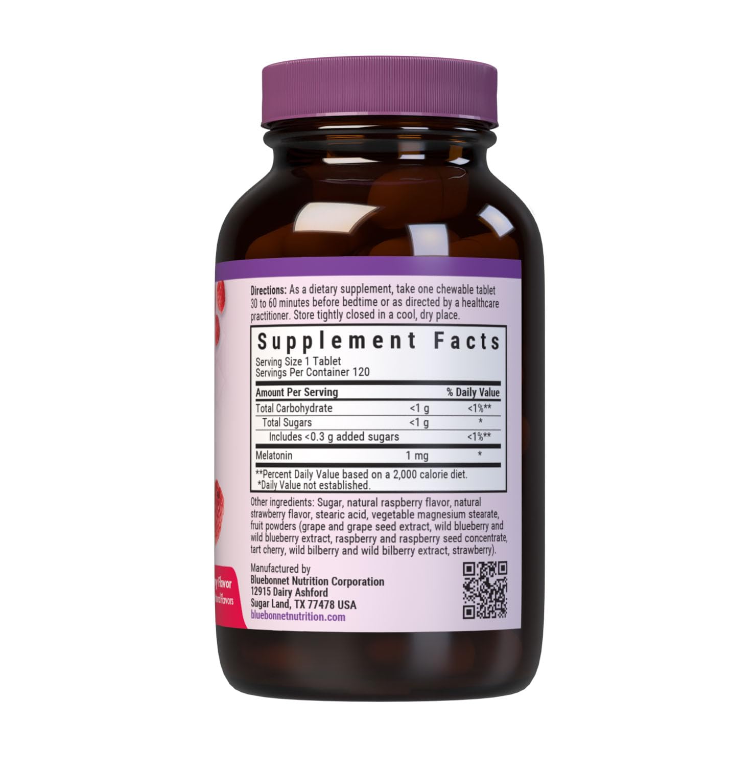 BlueBonnet EarthSweet Melatonin 1 mg Fast-Acting Quick Dissolve Nighttime Relaxation & Restful Sleep Support, 120 Tablets