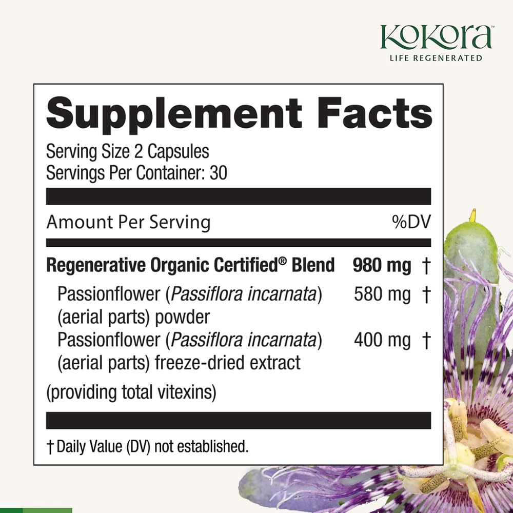 kokora Passionflower Herbal Supplement Sleep Support 60 Capsules