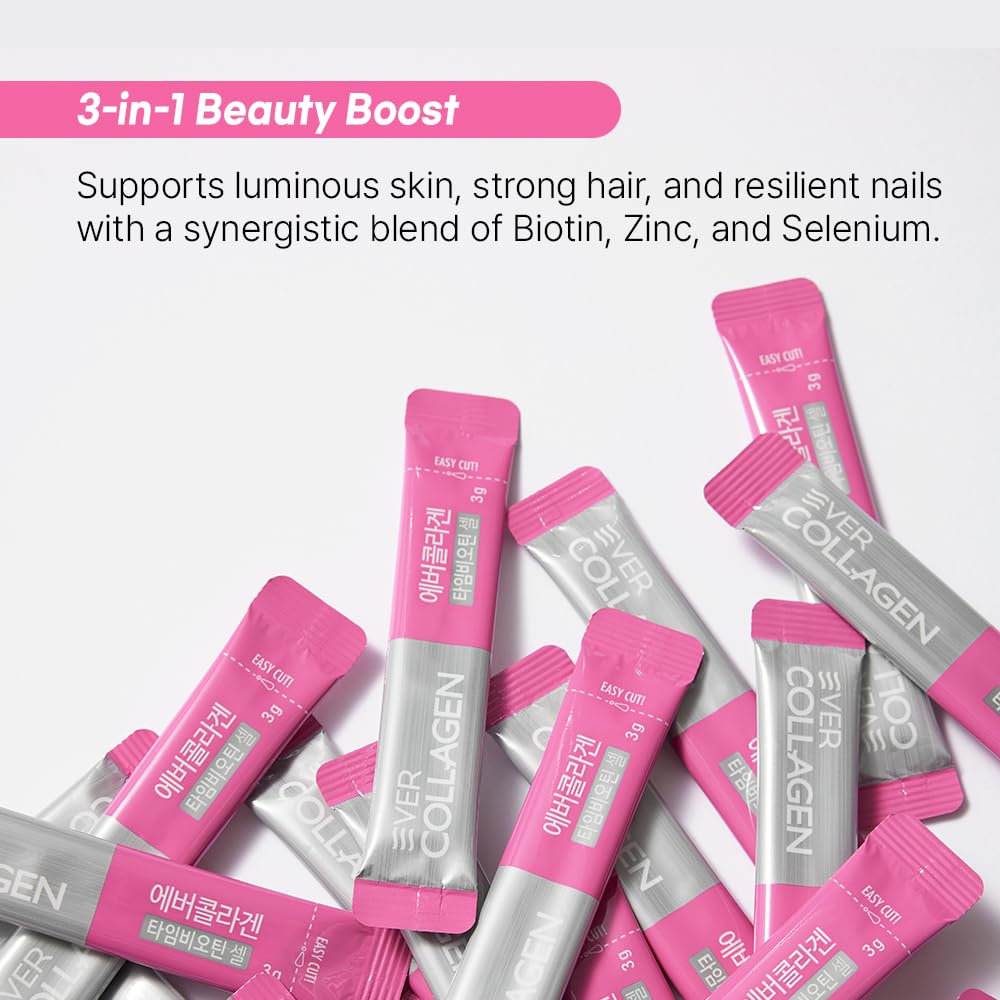 Ever Collagen Time Time Biotin Cell Low Molecular Weight Marine Collagen Peptides Powder Supplement, 30 Sticks