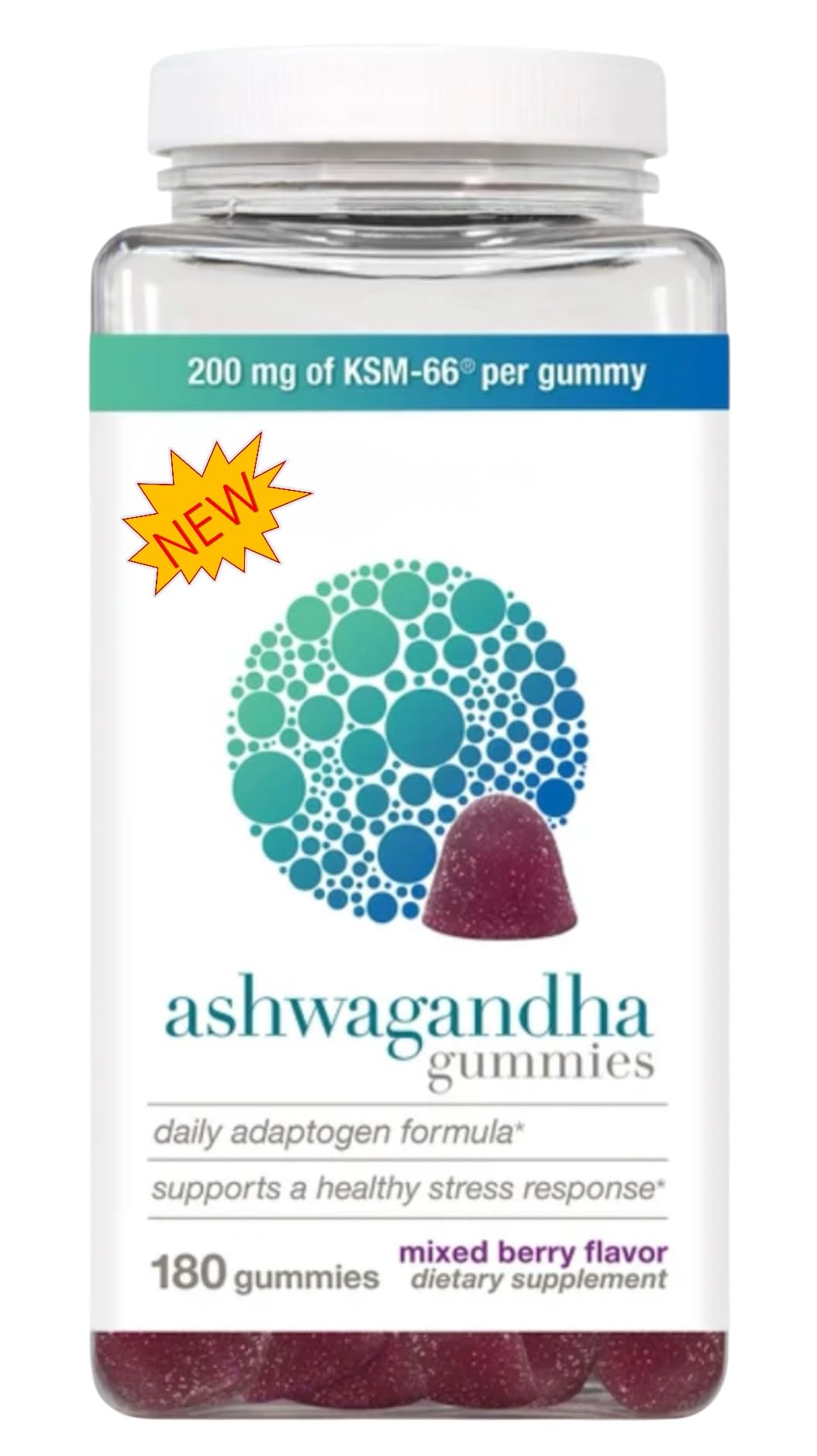 Generic Ashwagandha Gummies with KSM-66 Daily Adaptogen Formula, Mixed Berry Flavor, 200mg per Gummy, Stress Support Supplement, 180 Gummies
