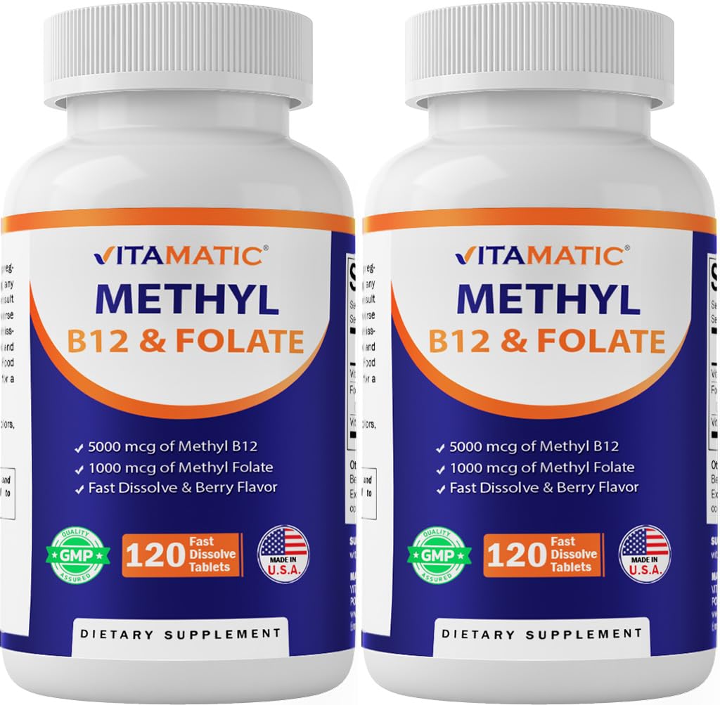 Vitamatic Methyl Folate & B12 Supplement with Pyridoxal 5 Phosphate (P-5-P) - Promotes Cardiovascular Health & Energy Metabolism, Tablets, 120