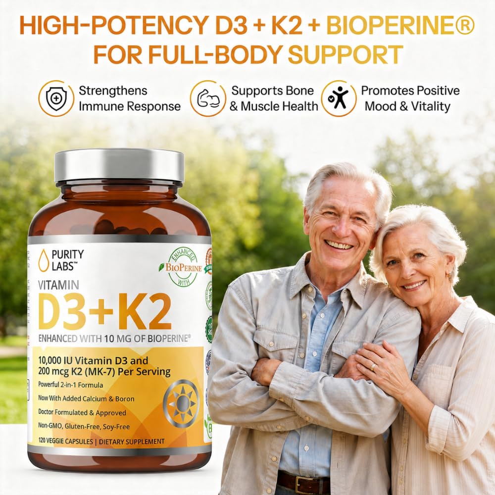 Purity Labs Vitamin D3 K2 10000 IU (250mcg) D3 + 200mcg K2 MK7 Capsule 120 Count
