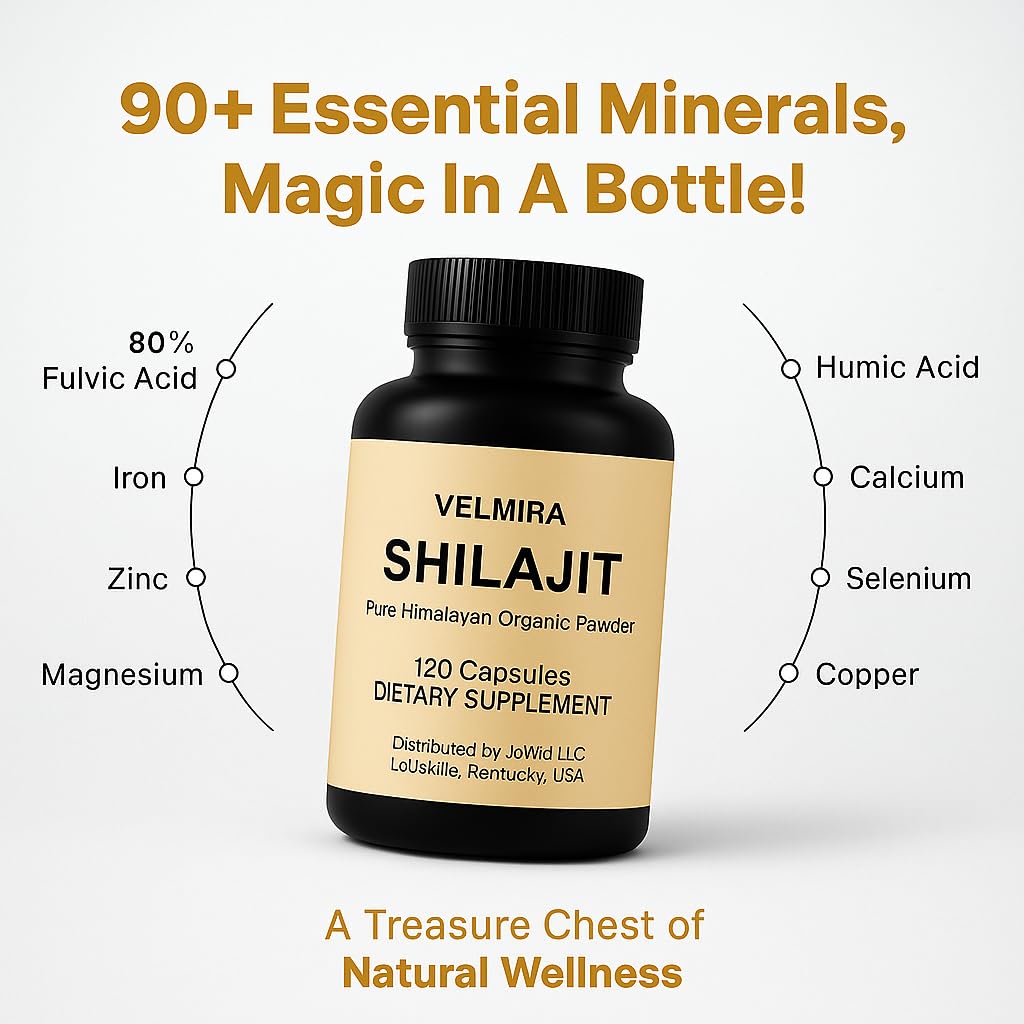 Velmira Shilajit Himalayan Resin Powder Capsules, 120 Count