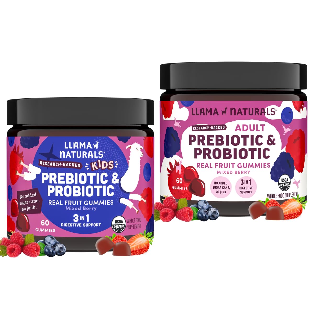 Llama Naturals Kids & Adult Prebiotic & Probiotic Gummies Bundle, 120 Gummies