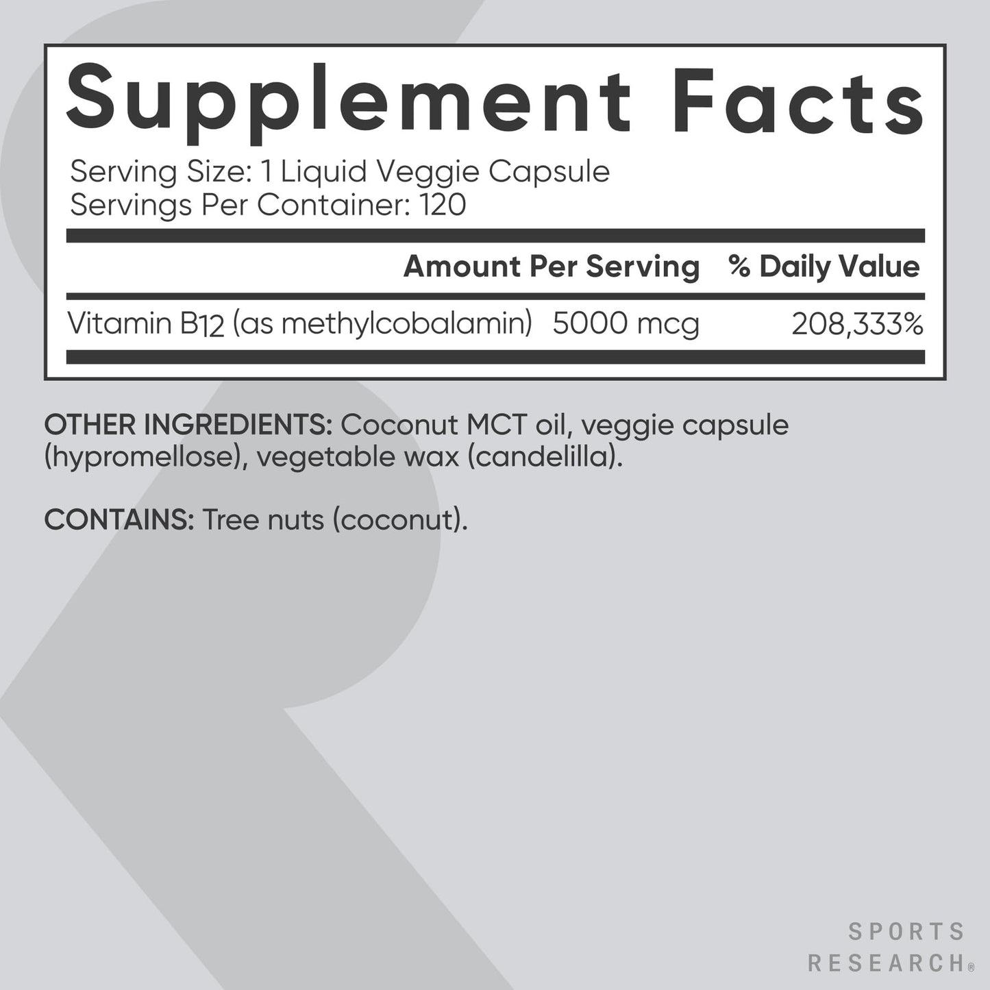 Sports Research Vitamin B12 as Methylcobalamin 5000mcg High Potency Vegan B12 with Coconut MCT Oil for Energy Metabolism Support Vegan Certified Non-GMO Gluten Free, 120 Capsules