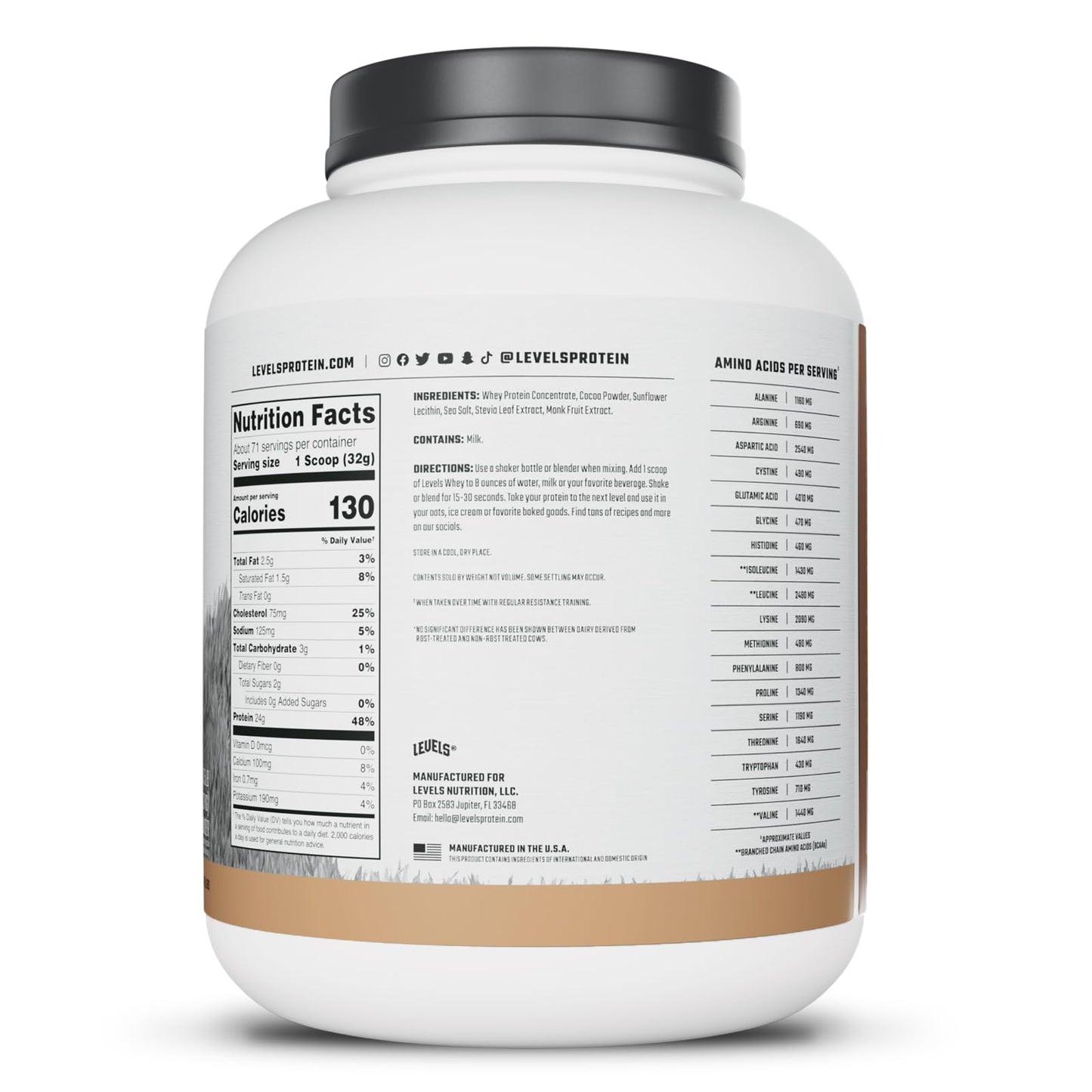 Levels Nutrition Grass Fed Whey Protein Powder 80 Servings Pure Chocolate, 5 lb