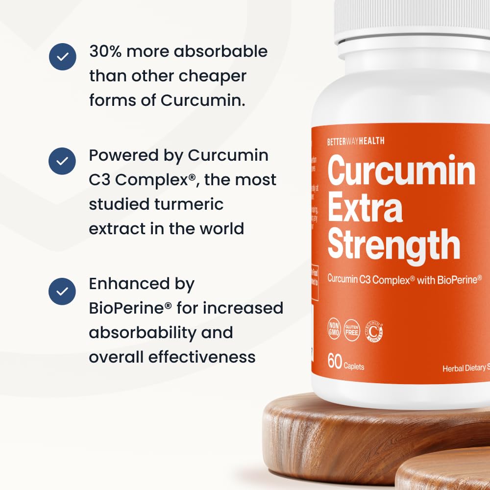Better Way Health Turmeric Curcumin C3 Complex 1000mg with BioPerine High Absorption Joint Support Capsules 60 Count