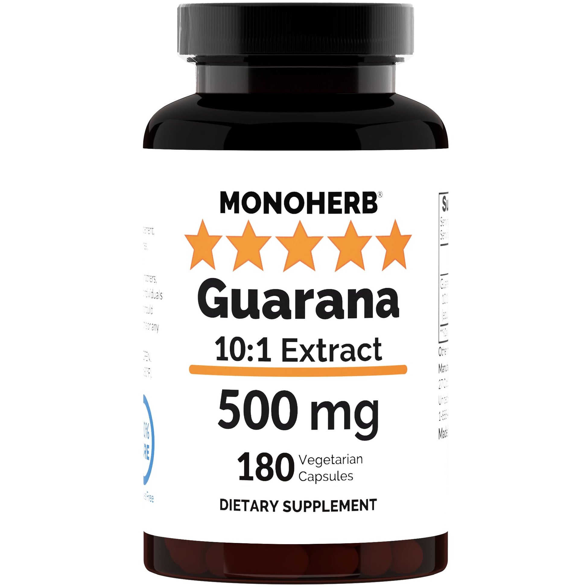 MONOHERB Guarana 10:1 Extract 500 mg per Capsule, 180 Capsules