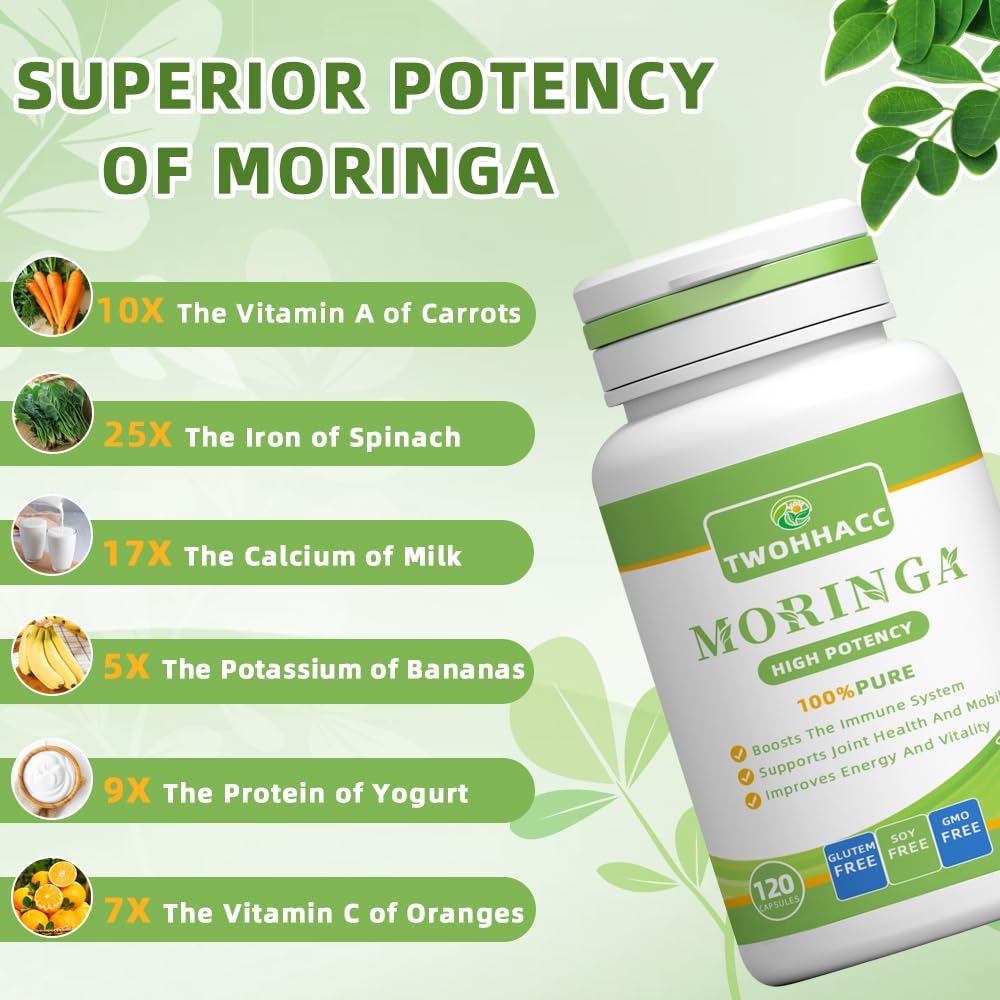 TWOHHACC Pure Moringa Powder Capsules 120 Count