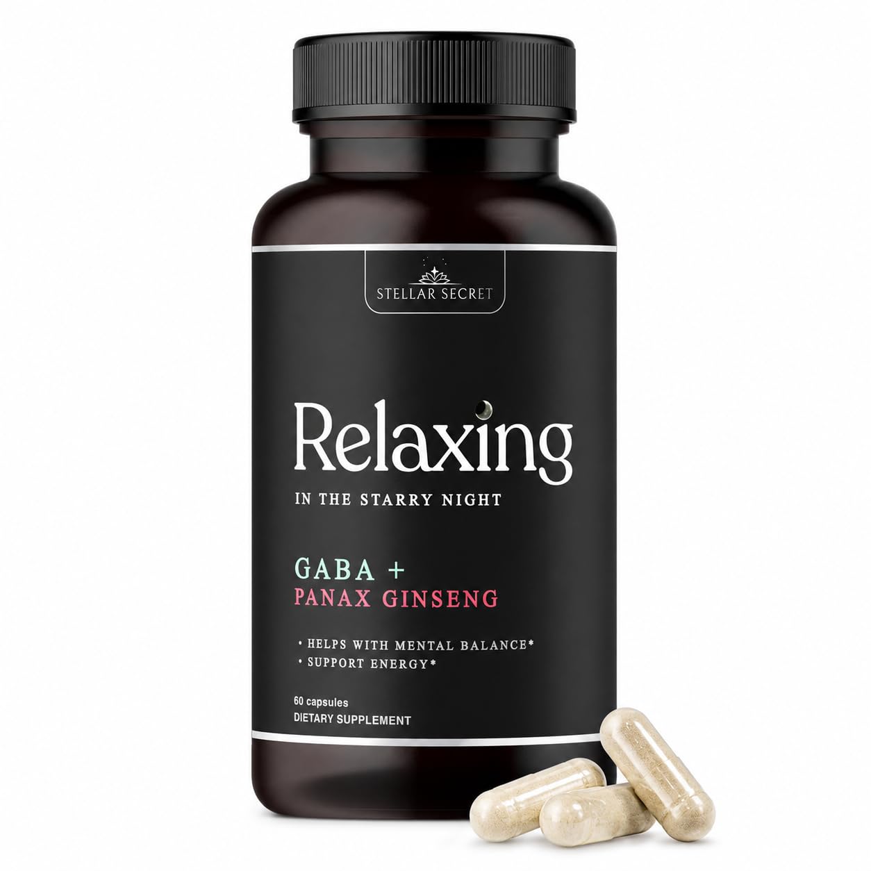 Stellar Secret Relaxing Calm Energy Capsules, GABA, Korean Panax Ginseng, L-Theanine & Lemon Balm, Daytime Calm Focus & Stress Support, 60 Capsules
