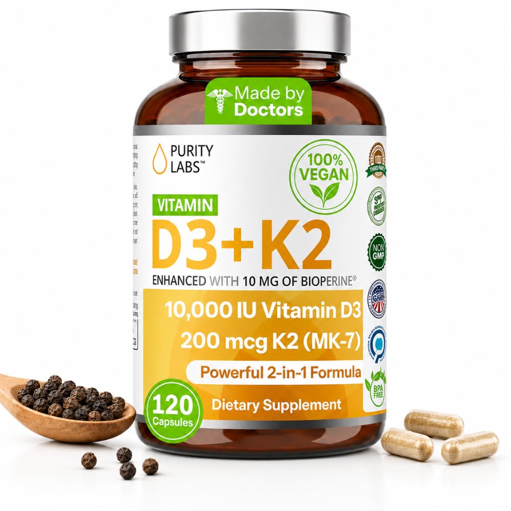 Purity Labs Vitamin D3 K2 10000 IU (250mcg) D3 + 200mcg K2 MK7 Capsule 120 Count