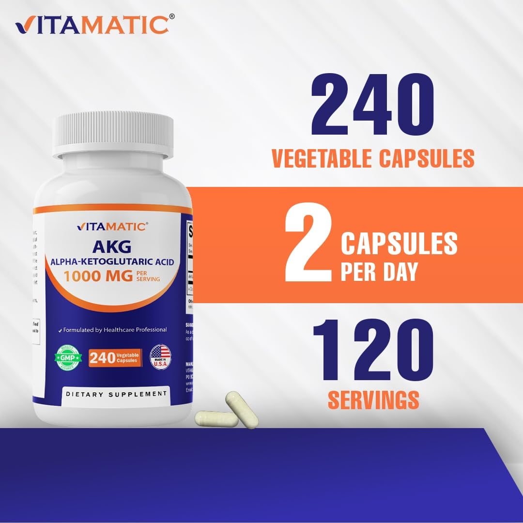Vitamatic Alpha-Ketoglutaric Acid (AKG) 1000 mg Per Serving – Amino Acid Support for Energy, Metabolism & Cellular Health, 240 Veg Capsules