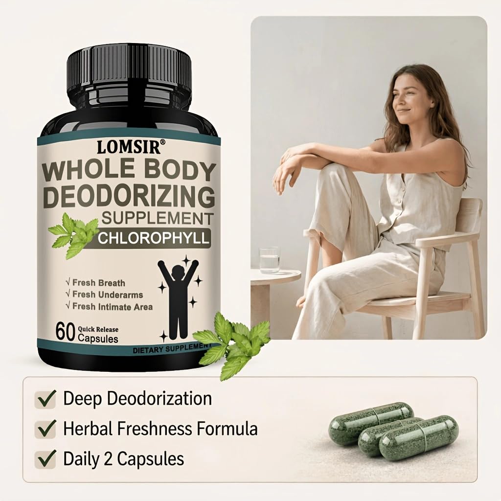 LOMSIR Whole Body Deodorizing Supplement with Chlorophyll Complex Vitamins for Women and Men Capsules, 60 Count