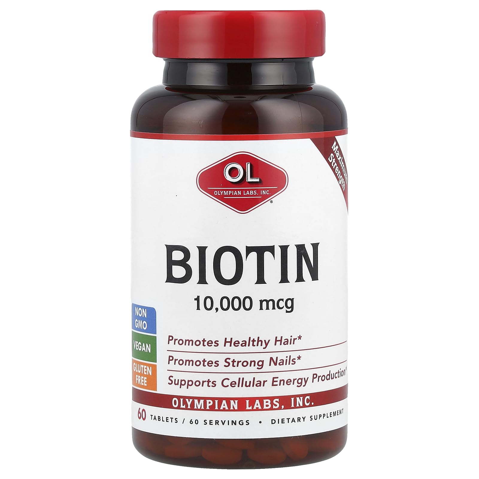 Olympian Labs Biotin Vitamin B7 Supplement, Max Strength 10,000mcg Tablets, 60 Count