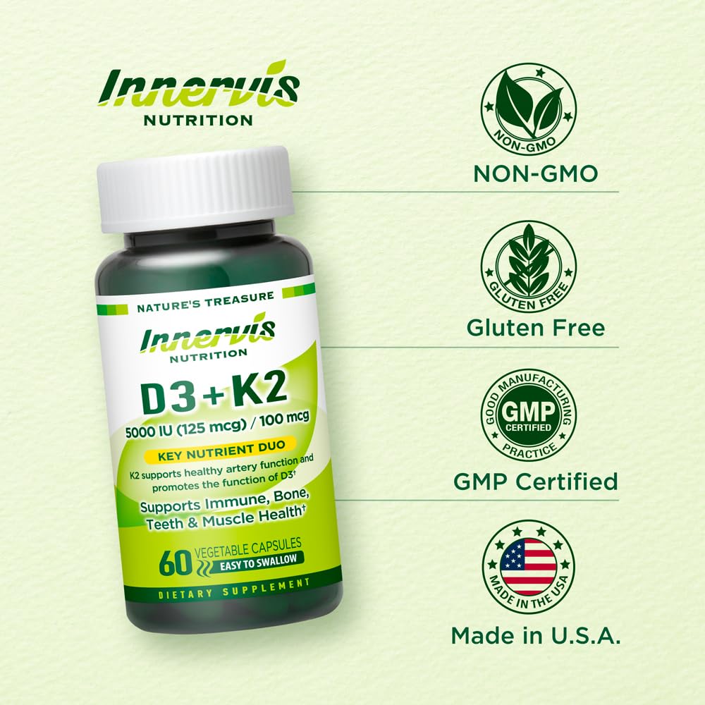 INNERVISNUTRITION Vitamin D3 5000 IU + K2 MK-7 100mcg, 60 Capsules