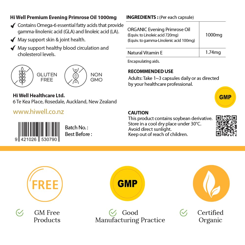 HI WELL PURE & NATURAL NEW ZEALAND Evening Primrose Oil 200 Softgels