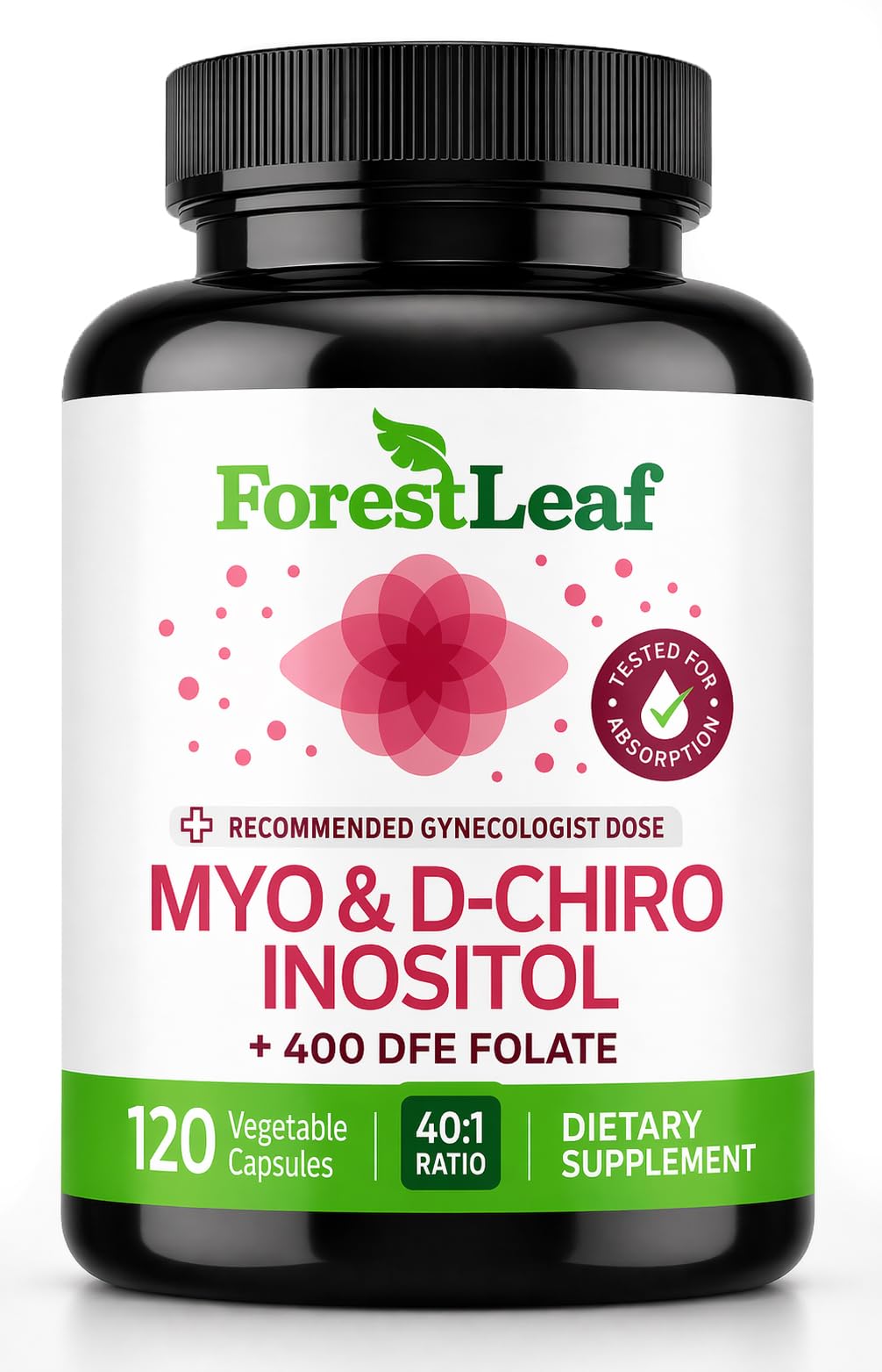 ForestLeaf Myo-Inositol & D-Chiro Inositol Supplement for Women's Health, 40:1 Ratio, 2050mg Capsule, 120 Count