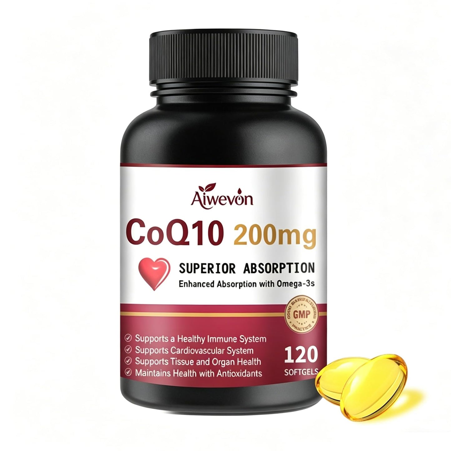 Aiwevon CoQ10 200mg Softgels with PQQ & Omega 3, 120 Count