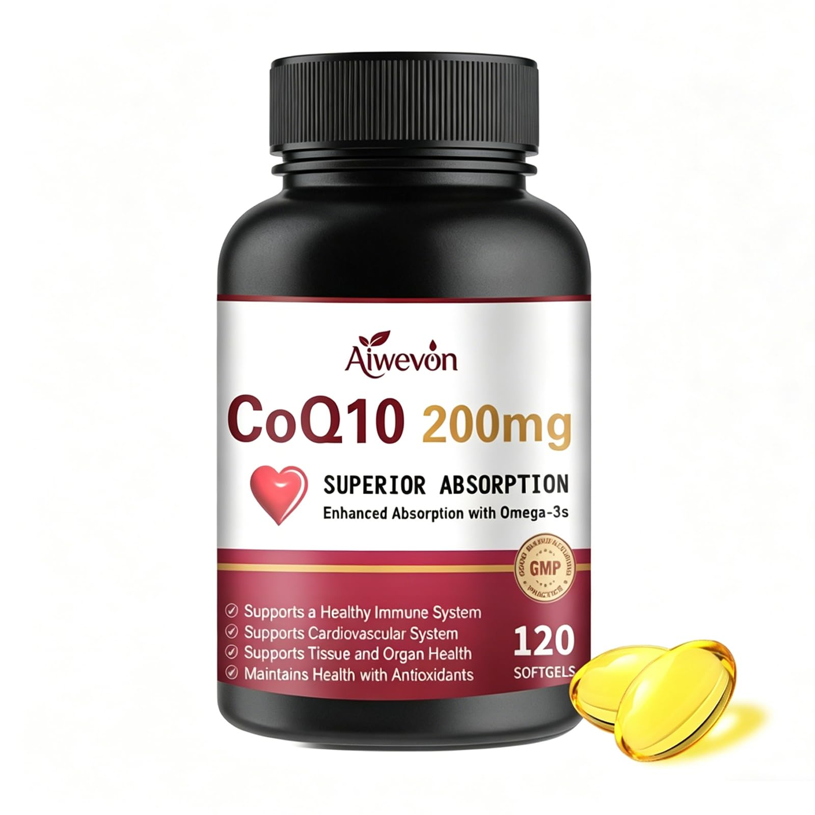 Aiwevon CoQ10 200mg Softgels with PQQ & Omega 3, 120 Count