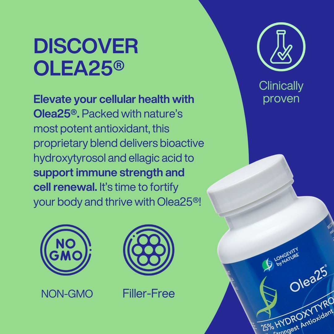 Longevity by Nature Hydroxytyrosol Supplement Olea25 Organic Olive Leaf Extract Capsules, 90 Count