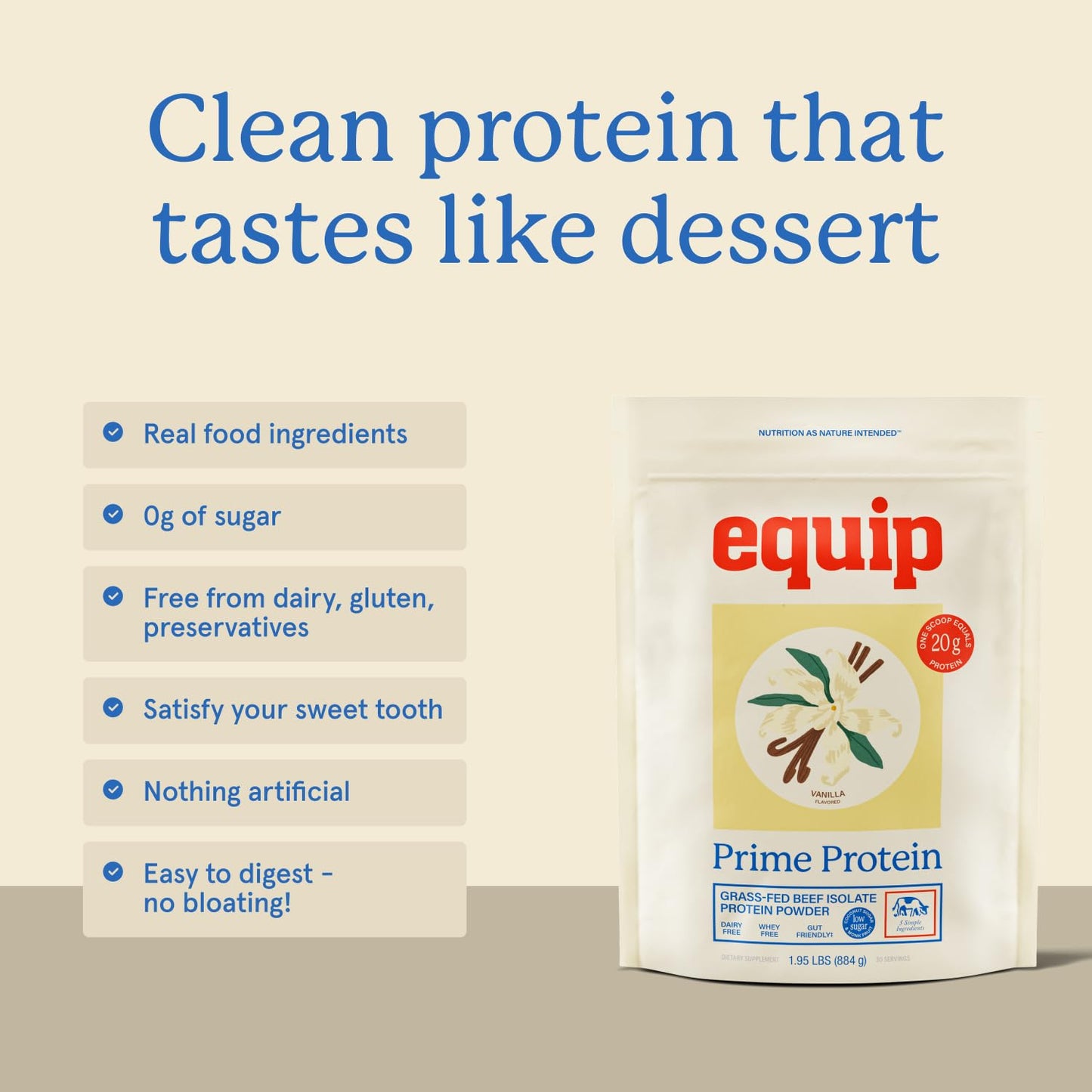 Equip Prime Protein Powder Beef Protein Isolate, Grass-Fed, Paleo & Keto Friendly, Gluten & Dairy Free, Vanilla, 30 Servings