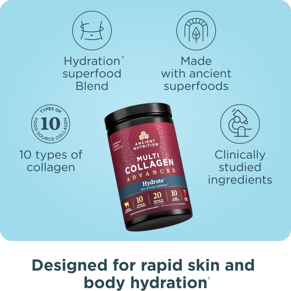 Ancient Nutrition Advanced Multi Collagen Peptides Hydrate Powder, 17 Servings